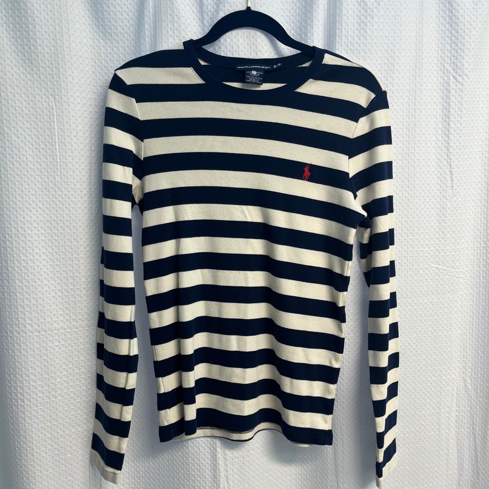 Ralph Lauren Sport Womens XL Navy Blue Cream Striped Long Sleeve Pony
Logo